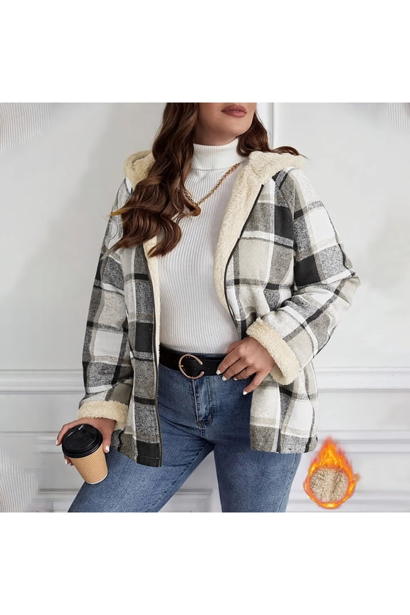 Black*Friday Chaohengplus Size Outerwear Jackets for Women Women's Plaid Fleece Hooded Jacket,Brushed Lined Zip Up Fall Top