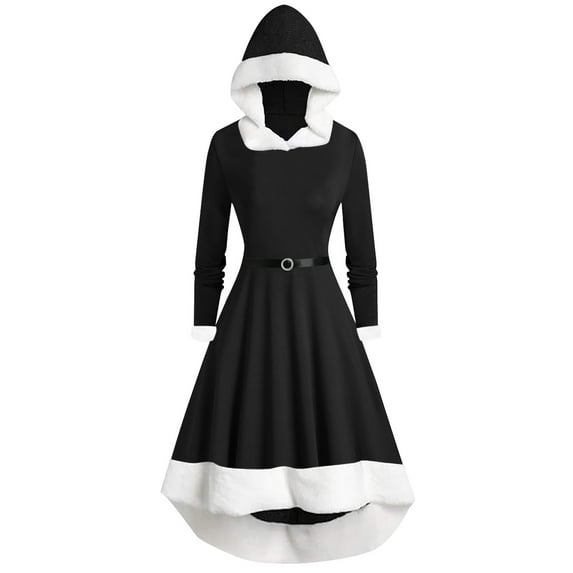 Black and Friday Christmas Dress Deals 2023 Mrs Claus Costume for Women Furry Neck Christmas Dress Hooded Red Xmas Outfits Vintage Prom Party Cocktail Dress