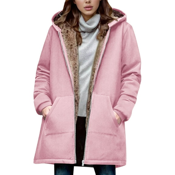 GaThRRgYP Soft Fuzzy Lounge Coat for Women,Women's Winter Loose and Warm Long-sleeved Hooded Thickened and Fleece Lambskin Jacket Top Pink M