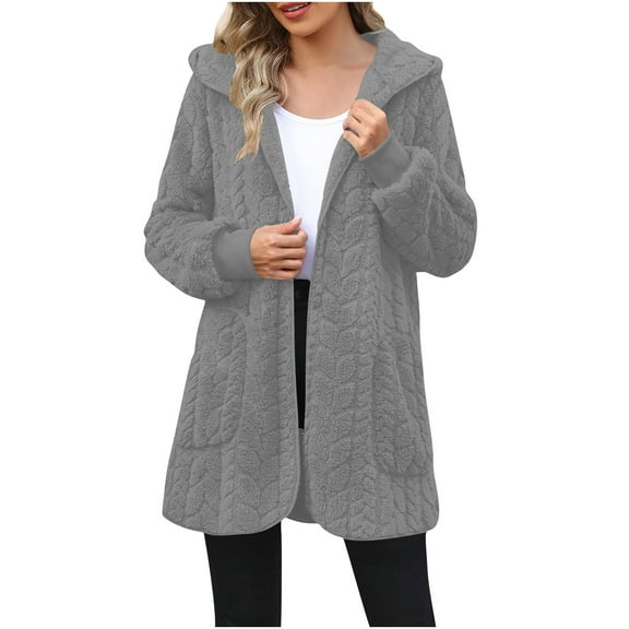 Black*Friday Clearance under $5 GaThRRgYP Warm Fuzzy Oversized Coat for Women,Women's Long-sleeved Hooded Solid Color Mid-length Casual Warm Coat Gray S