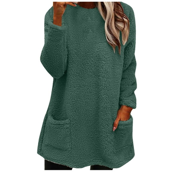 LEAVINGSUO Blouse for Women Long Sleeve Tops Women's Round- Neck and Winter Loose Solid Pocket Warm Long Sleeve Blouse Tops