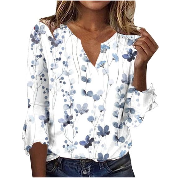 LEAVINGSUO Long Sleeve Shirts for Women, Fall Womens Tops Women's Casual Trumpet 3/4 Sleeve Printed Buttoned Basic Ruched Tops Pleated T-Shirts Blouses