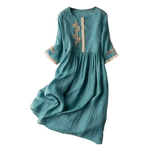 LEAVINGSUO Maxi Dresses for Women Omen's Summer and Retro Cotton and Linen Round Neck Waist Retraction Travel Holiday Dress Blue M