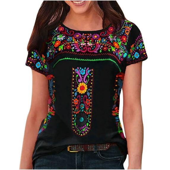 LEAVINGSUO Summer Tops for Women, Women's tops and Blouses Fashion Woman Causal Round Neck Printing Blouse Short Sleeve T-Shirt Summer Tops