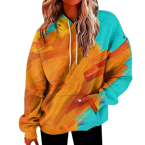 LEAVINGSUO Womens Tops 3/4 Sleeve Shirts for Women Women Long Sleeves Casual Hooded Printing Crewneck Pullover Sweatshirt Tops Orange L