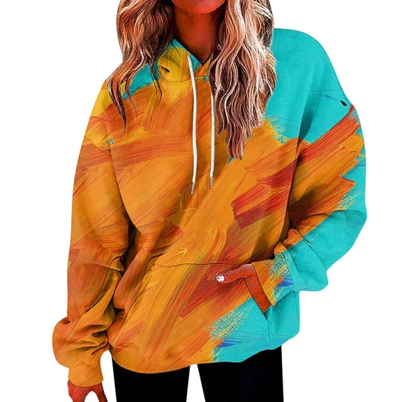 LEAVINGSUO Womens Tops 3/4 Sleeve Shirts for Women Women Long Sleeves Casual Hooded Printing Crewneck Pullover Sweatshirt Tops Orange L