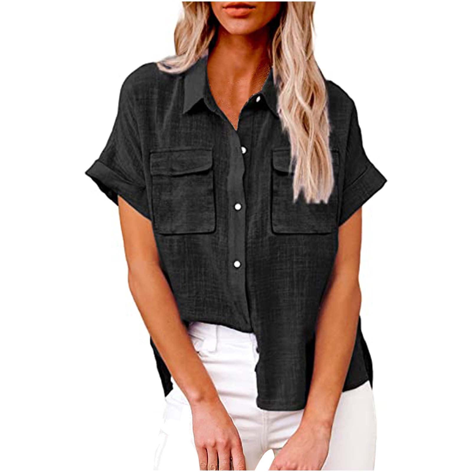 womens plus size button down collar shirts short sleeve