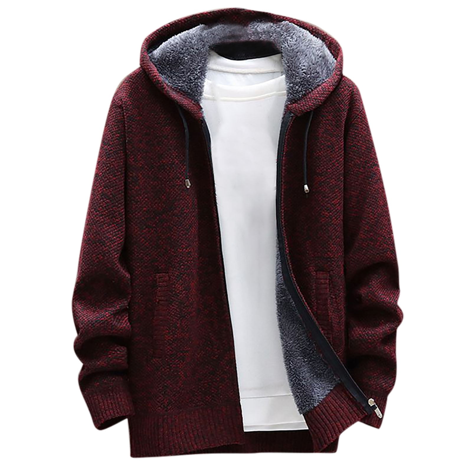Men's Striped Color Block Sweater Jacket - Knitted Stand Collar, Full Zip Fleece Lined Winter Warm Coat