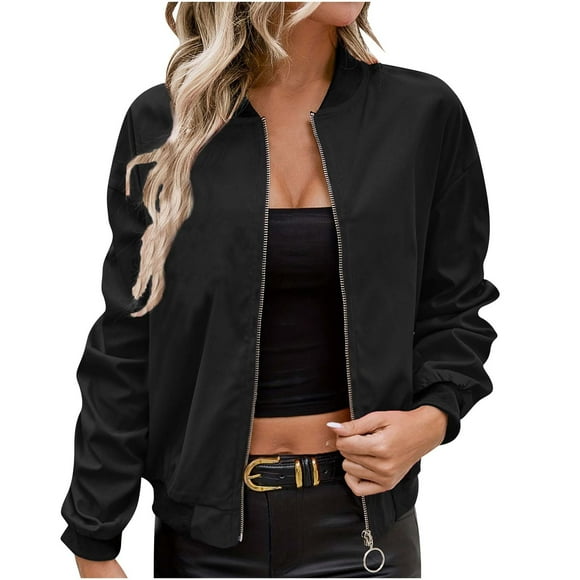 Clearance Deals BUIgtTklOP no boundaries Women's Casual Floral Zip Up Bomber Jacket Spring Long Sleeve Coat Stand Collar Lightweight Short Outwear Tops