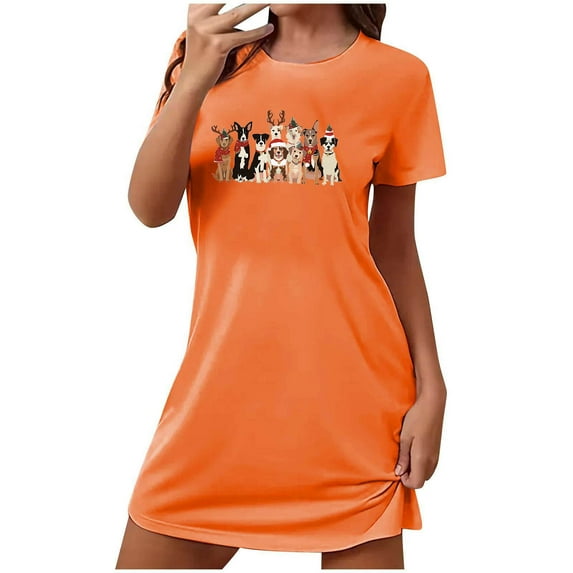 Black &Friday Clearance Deals Xysaqa Nightgown for Women Christmas Funny Dogs Print Sleep Shirt for Women Short Sleeve Nightshirts Novelty Pajama Christmas Pajamas for Women Casual Sleepwear Orange L