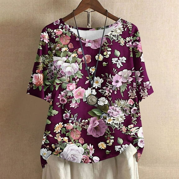 GaThRRgYP Womens Tops Short Sleeve Summer,Women's Casual Round Neck Button Printed Short Sleeve Blouse Purple XL