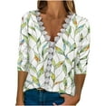 thumbnail image 1 of LEAVINGSUO Blouses for Women Clearance Women's Fashion T-Shirt Floral Printed Lace Three Quarter Sleeve Blouse V-Neck Casual Tops, 1 of 5