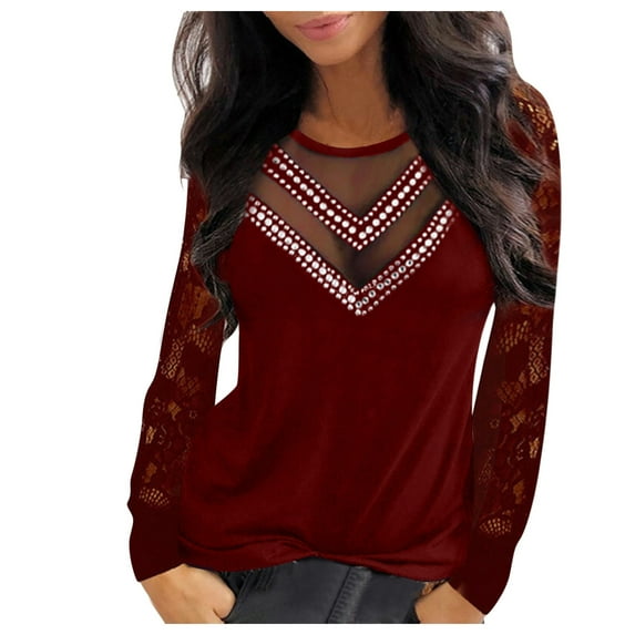 LEAVINGSUO Long Sleeve Shirts for Women, Fall Womens Tops Women Longe Sleeve Lace Sequins V-Neck Long Sleeves Elegant Blouses