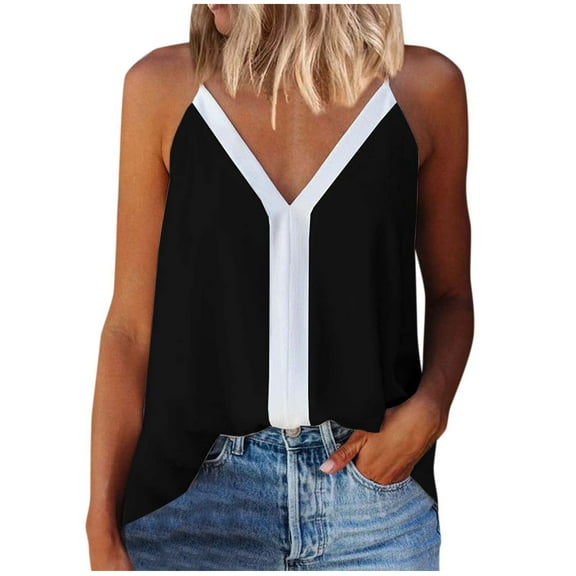 LEAVINGSUO Summer Womens Tank Tops Women's Fashion Solid Sleeveless Vest T-Shirt Sling Blouse V Neck Casual Tops Black XL