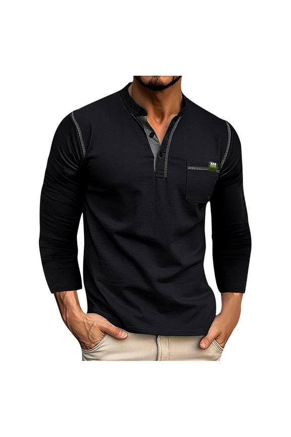 Black_Friday Mens Shirts Under $10.00 Adult Fayshow0 Men Fashion Casual Solid Button V-Neck Long Sleeve with Blouses & Shirts,Black M