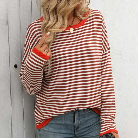 Black_Friday Clearance Sweaters Under 5 Adults Fayshow0 Fashionable Women'S Striped Printed Round Neck Long Sleeved Pullover Sweater