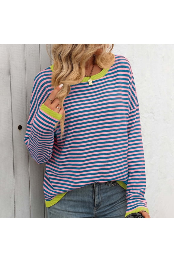 Black_Friday Clearance Sweaters Under 5 Adults Fayshow0 Fashionable Women'S Striped Printed Round Neck Long Sleeved Pullover Sweater