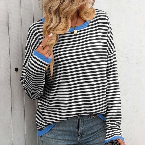 Black_Friday Clearance Sweaters Under 5 Adults Fayshow0 Fashionable Women'S Striped Printed Round Neck Long Sleeved Pullover Sweater