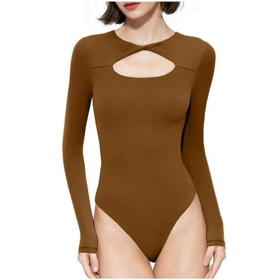 Black and Friday Clothing Sales Idoravan Bodysuits for Women Long Sleeve,Women's Long Sleeved Versatile Solid Color Fashion Tight Fitting Cutout Jumpsuit Khaki XL