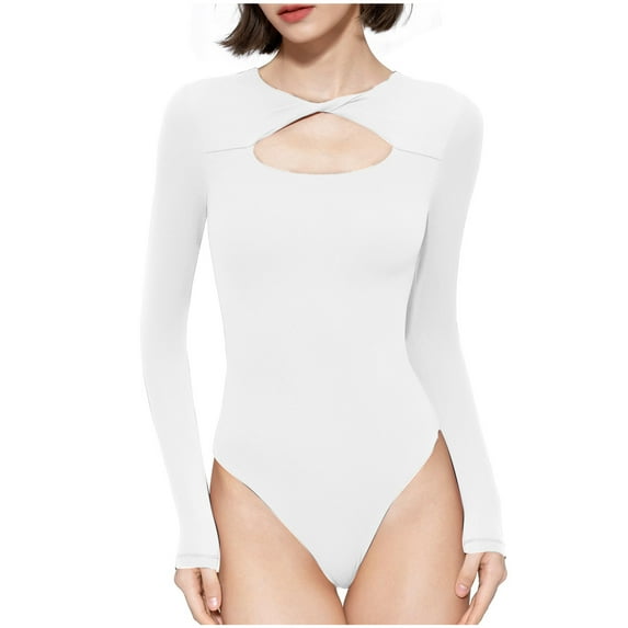 Black and Friday Clothing Sales Idoravan Bodysuits for Women Long Sleeve,Women's Long Sleeved Versatile Solid Color Fashion Tight Fitting Cutout Jumpsuit White XXL