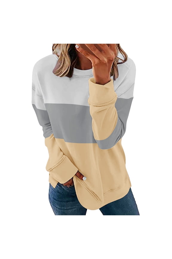 Black and Friday Clothing Sales Idoravan Casual Womens Sweatshirts Long Sleeve ,Women Casual Patchwork Printed Round Neck Long Sleeve Pullover Blouse Sweatshirt Tops Beige S