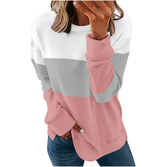 Black and Friday Clothing Sales Idoravan Casual Womens Sweatshirts Long Sleeve ,Women Casual Patchwork Printed Round Neck Long Sleeve Pullover Blouse Sweatshirt Tops Pink XL
