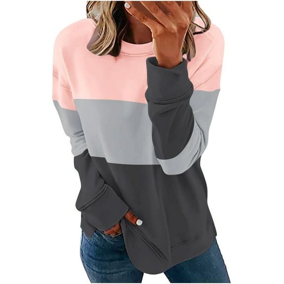 Black and Friday Clothing Sales Idoravan Casual Womens Sweatshirts Long Sleeve ,Women Casual Patchwork Printed Round Neck Long Sleeve Pullover Blouse Sweatshirt Tops Pink XXL