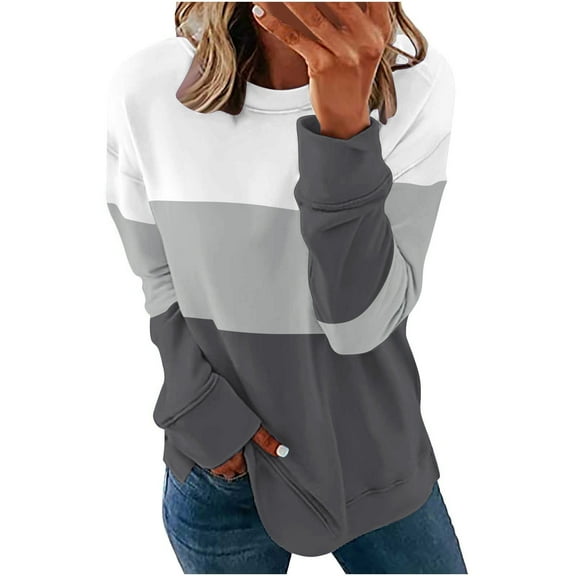 Black and Friday Clothing Sales Idoravan Casual Womens Sweatshirts Long Sleeve ,Women Casual Patchwork Printed Round Neck Long Sleeve Pullover Blouse Sweatshirt Tops Dark Gray M