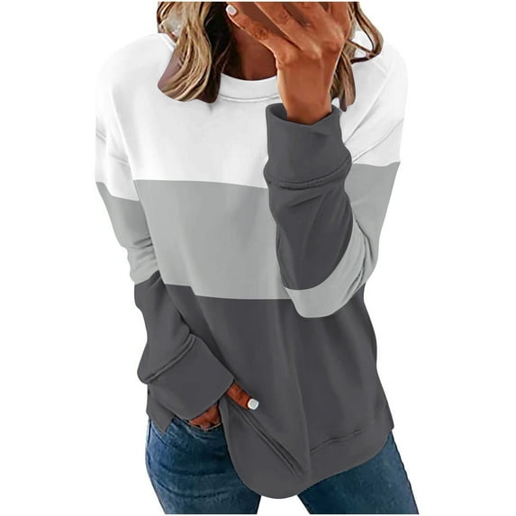 Black and Friday Clothing Sales Idoravan Casual Womens Sweatshirts Long Sleeve ,Women Casual Patchwork Printed Round Neck Long Sleeve Pullover Blouse Sweatshirt Tops Dark Gray S