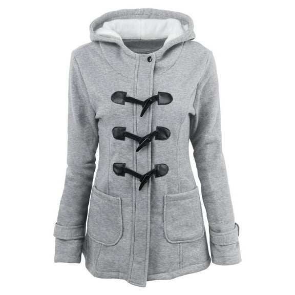 Black and Friday Clothing Sales Idoravan Coats for Women Plus Size Women Color Horn Buttons Cardigan Padded Hooded Coat Jacket Overcoat Gray S
