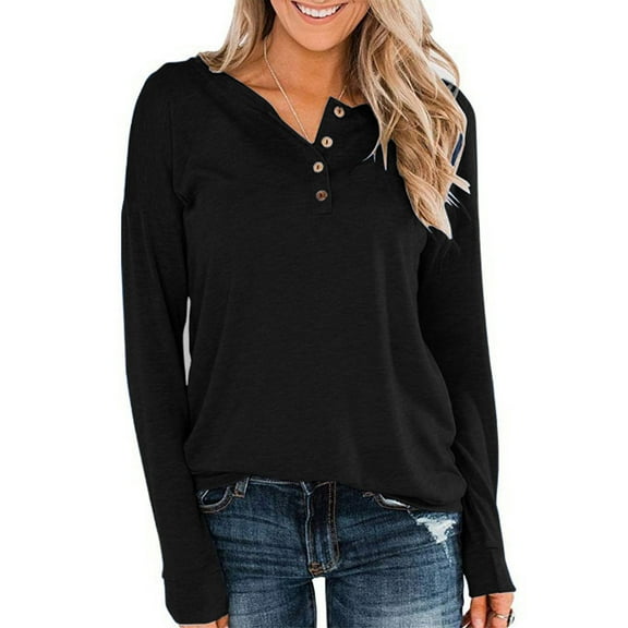 Black and Friday Clothing Sales Idoravan Long Sleeve Shirts for Women Winter Women Loose Buttons Casual Long Sleeve Pullover Sweatshirts Tops Blouses Black XXXL