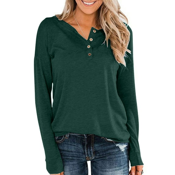 Black and Friday Clothing Sales Idoravan Long Sleeve Shirts for Women Winter Women Loose Buttons Casual Long Sleeve Pullover Sweatshirts Tops Blouses Green S