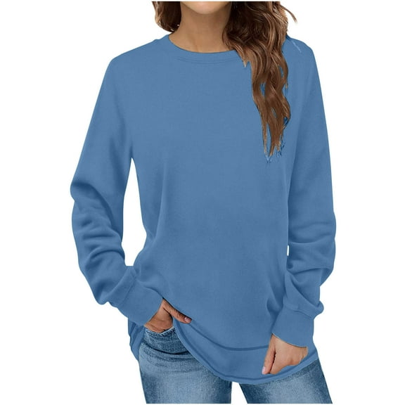 Black and Friday Clothing Sales Idoravan Long Sleeve Shirts for Women Winter Women's Fashion Winter Solid Round-Neck Pullover Long Sleeve Tops Blue XXL