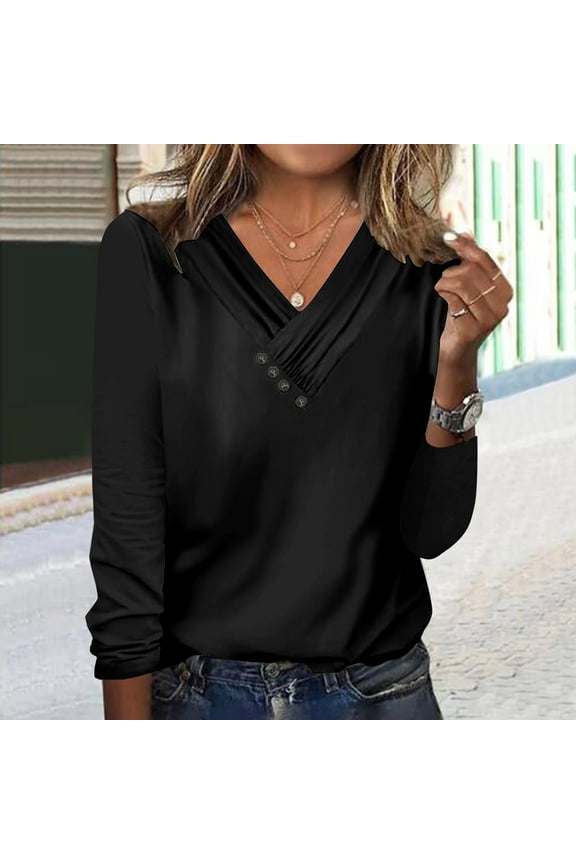 Black and Friday Clothing Sales Idoravan Long Sleeve Shirts for Women Winter Women's Long Sleeve Summer V Neck Sexy Casual Tops Regular Blouse Tops Black XXXL