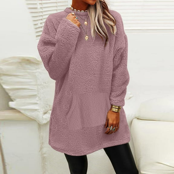 Black and Friday Clothing Sales Idoravan Long Sleeve Shirts for Women Winter Women's Round- Neck Plush Fall and Winter Loose Solid Pocket Warm Long Sleeve Blouse Tops Pink L