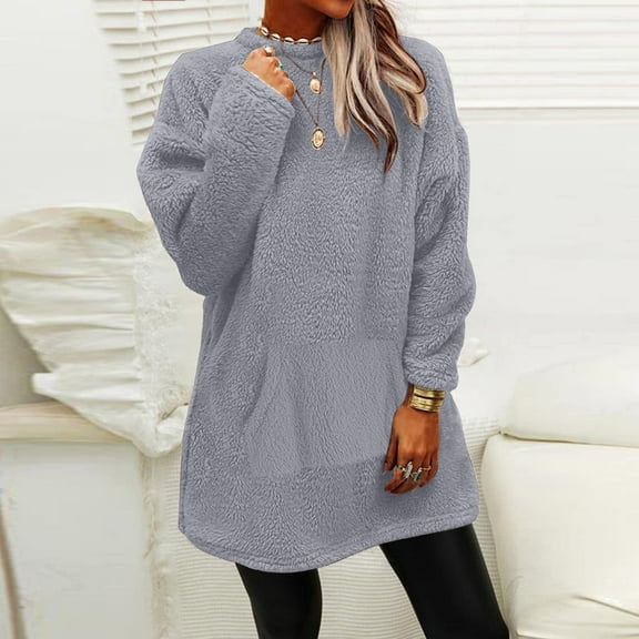 Black and Friday Clothing Sales Idoravan Long Sleeve Shirts for Women Winter Women's Round- Neck Plush Fall and Winter Loose Solid Pocket Warm Long Sleeve Blouse Tops Gray XXL