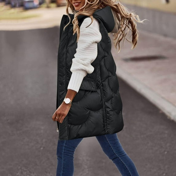Black and Friday Clothing Sales Idoravan Long Vest for Women Sleeveless,Women Warm Hooded Long Sleeve Zipper Jacket Sleeveless Parkas Coats Tops Wth Pocket Black L