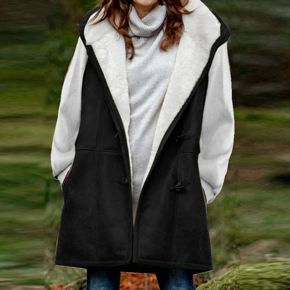 Black and Friday Clothing Sales Idoravan Long Vest for Women Sleeveless,Women Winter Solid Plus Velvet Coat Sleeveless Horn Buckle Pocket Over Coat Tops Black S