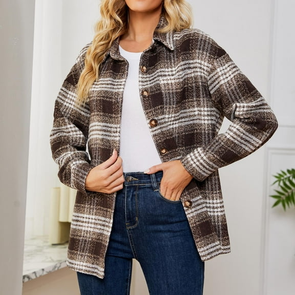 Black and Friday Clothing Sales Idoravan Plaid Shirts for Women Winter Jacket Casual Women's Hooded Collar Neck Summer Qutwear Pocket Gradient Prined Regular Women's Long Sleeve Khaki M