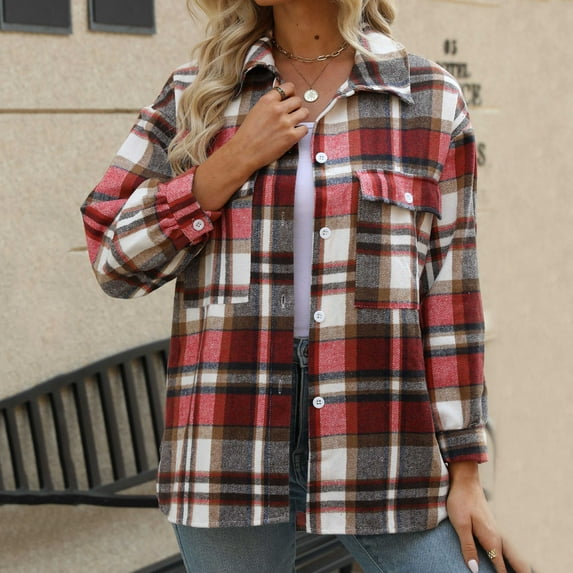 Black and Friday Clothing Sales Idoravan Plaid Shirts for Women Winter Jacket Clearance Fashion Women Plaid Printing Cardigan Button Coat Blouse Outwear Shirts Outwear Red S