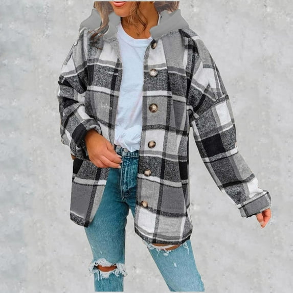 Black and Friday Clothing Sales Idoravan Plaid Shirts for Women Winter Jacket Clearance Fashion Women Tops Long Sleeve Printing Hooded Blouse Pockets Sweatshirt Coat Black S