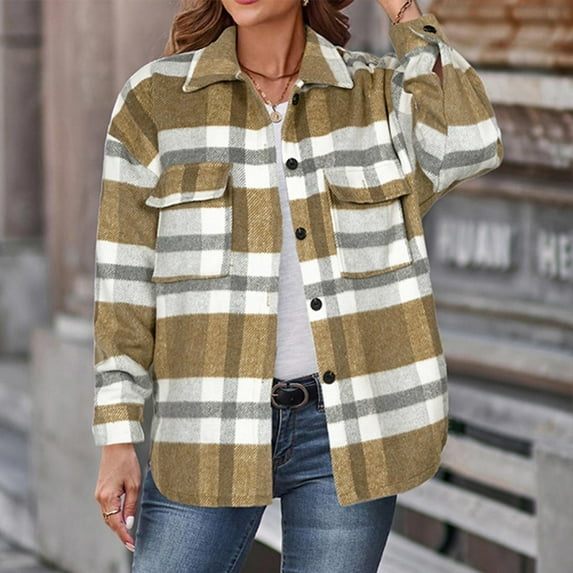 Black and Friday Clothing Sales Idoravan Plaid Shirts for Women Winter Jacket Women Fall and Winter Plaid Printed Long Sleeve Turn-down Collar Suit Cardigan Woolen Coat Tops Khaki XXL