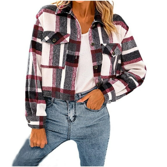 Black and Friday Clothing Sales Idoravan Plaid Shirts for Women Winter Jacket Clearance Women's Lapel Pocket Fashionable Casual Short Plaid Jacket Black M