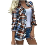 Black and Friday Clothing Sales Idoravan Plaid Shirts for Women Winter Jacket Clearance Womens Sexy V-neck Collar Zipper Color Short Sleeve Fold Casual Blouse Tops Blue XXXL