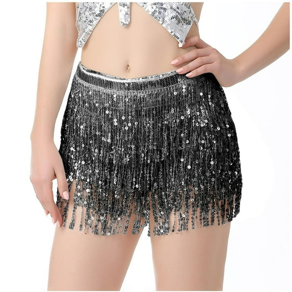Black and Friday Clothing Sales Idoravan Pleated Skirts for Women Plus Size Women's Belly Dance Sequins Tassel Dance Skirt Bohemian Tassel Hip Scarf Lace Up Skirt Black