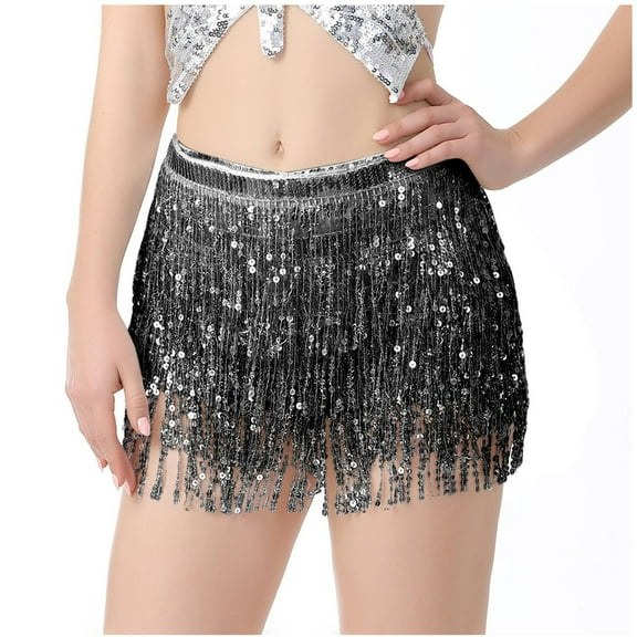 Black and Friday Clothing Sales Idoravan Pleated Skirts for Women Plus Size Women's Belly Dance Sequins Tassel Dance Skirt Bohemian Tassel Hip Scarf Lace Up Skirt Black