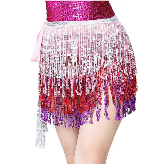 Black and Friday Clothing Sales Idoravan Pleated Skirts for Women Plus Size Women's Belly Dance Sequins Tassel Dance Skirt Bohemian Tassel Hip Scarf Lace Up Skirt Pink