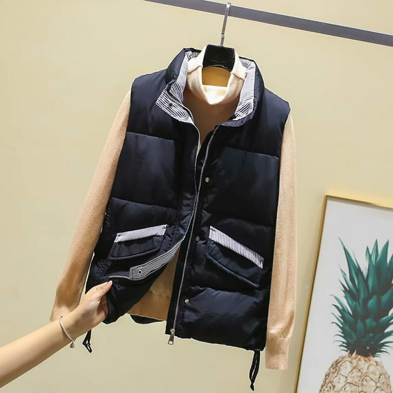 Black and Friday Clothing Sales Idoravan Quilted Vests for Women Clearance Women Pocket Vest Coat Short Jacket Winter Sleeveless Turn Down Collar Zipper Solid Outerwear Black S