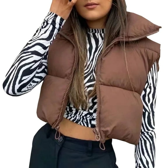 Black and Friday Clothing Sales Idoravan Quilted Vests for Women Women's Winter Crop Lightweight Sleeveless Warm Outerwear Vest Padded Gilet Tops Coat Brown XS