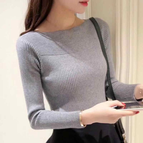 Black and Friday Clothing Sales Idoravan Slim Fit Women Long Sleeve T-shirt Basie Tees,Winter Sweater Women Slim Sleeve Round Neckr Knitting Tops Gray